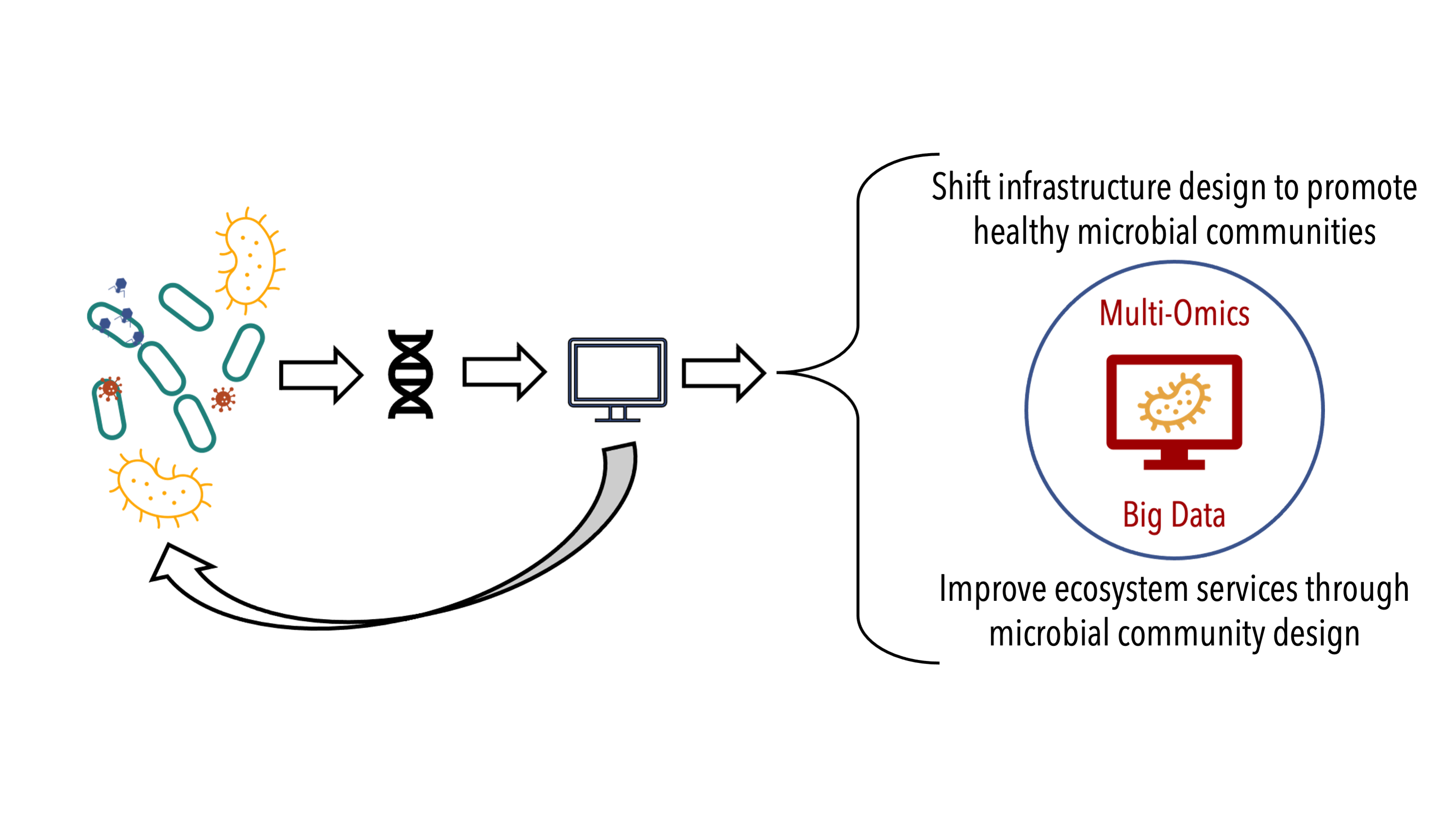 flow diagram illustrating the cyclical role of omic and big data approaches to (1) shift infrastructure design to promote healthy microbial communities and (2) improve ecosystem services through microbial community design.