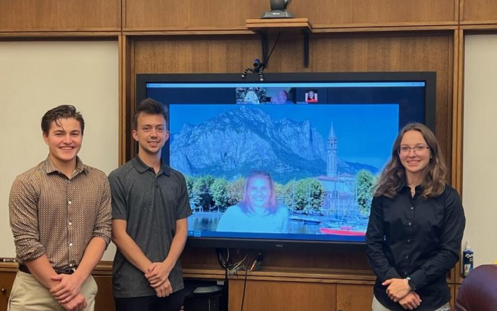 Matthew Fabian, Mitchell Melander and Gabrielle Hyatt are joined by Janet Gbur on Zoom after presenting their research to members of John Lewandowski's group.