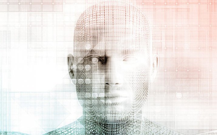 human head with digital language overlay