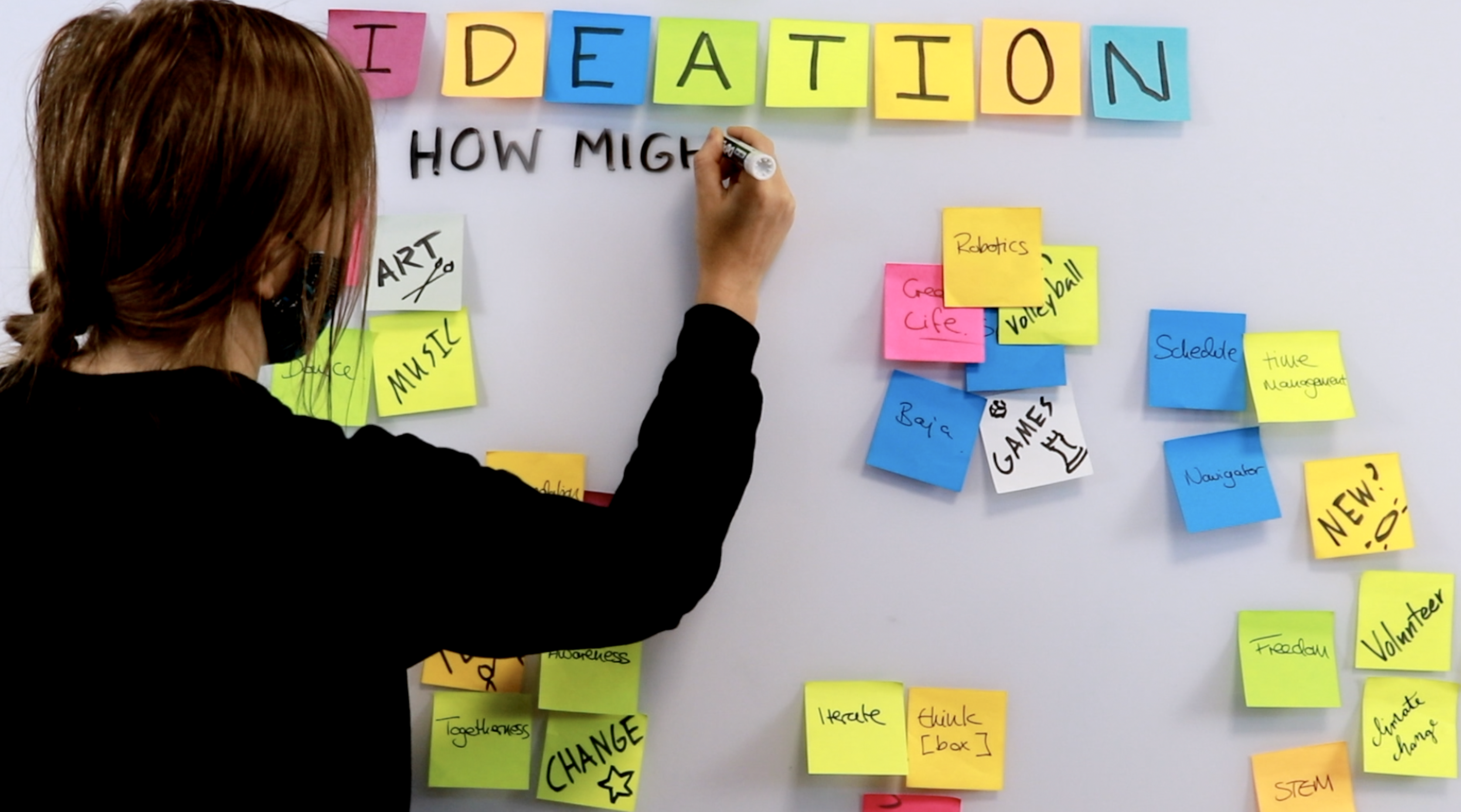 woman working on a white board
