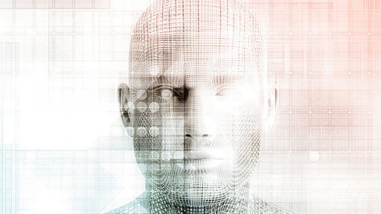 human head with digital language overlay