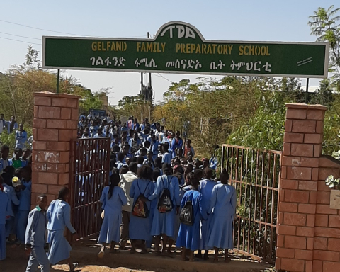 group of students entering school