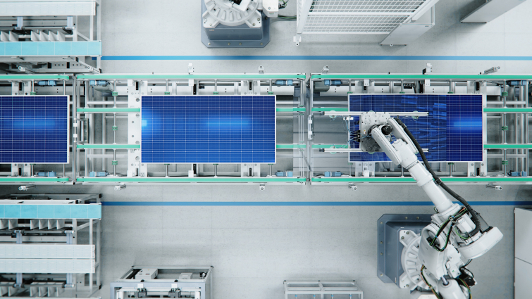 Top View of Solar Panel Assembly Line with Robot Arms at Modern Bright Factory