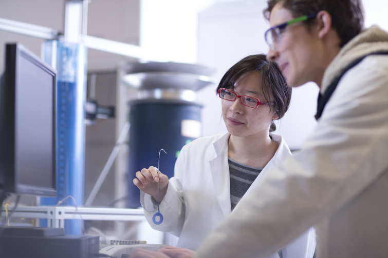 Female and male student conducting research